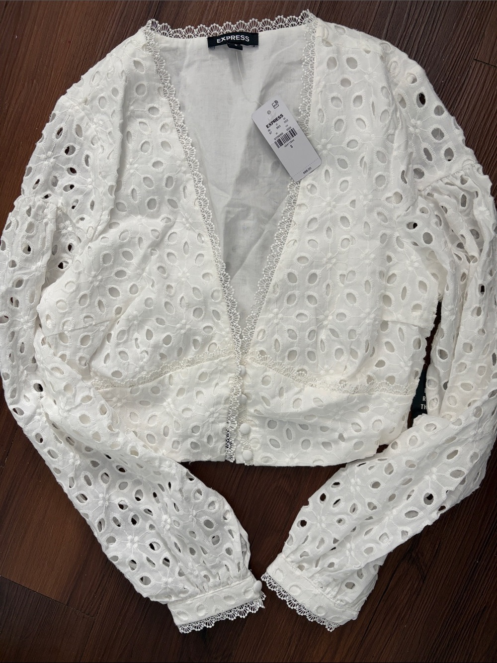Express White Eyelet Lace V-Neck Long-Sleeve Crop Blouse